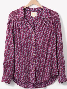 Maeve Anthropologie Amara Pink Geometric Print Blouse Size 8 Long Sleeve Boho